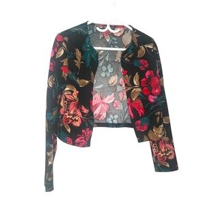 Shein Floral Open-Front Cropped Cardigan – Black Multicolor